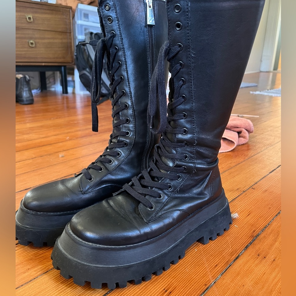 Zara black combat platform lace up zipper leather boots